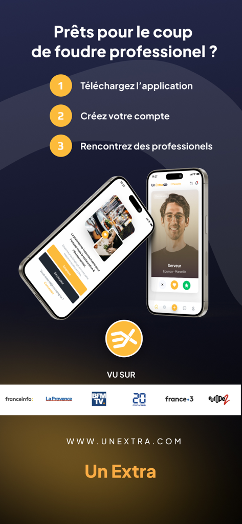 Un Extra - Werbegrafik für die Un Extra App, die die Schritte zum Herunterladen und zur Verbindung mit Fachleuten aus der Gastronomie- und Eventbranche zeigt