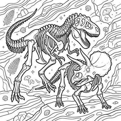 Step back in time to the age of giants with this thrilling dinosaur skeleton coloring page, perfect for budding paleontologists and dino enthusiasts. Bring to life the fossilized remains of a mighty T-Rex and a powerful Triceratops, ready for your creative touch.