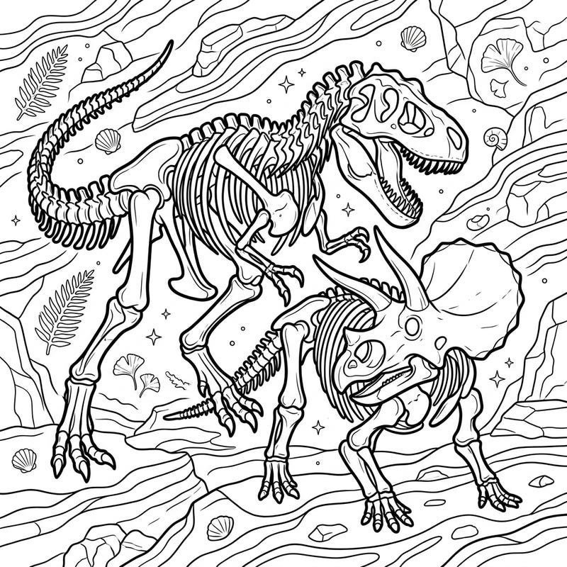 Step back in time to the age of giants with this thrilling dinosaur skeleton coloring page, perfect for budding paleontologists and dino enthusiasts. Bring to life the fossilized remains of a mighty T-Rex and a powerful Triceratops, ready for your creative touch.