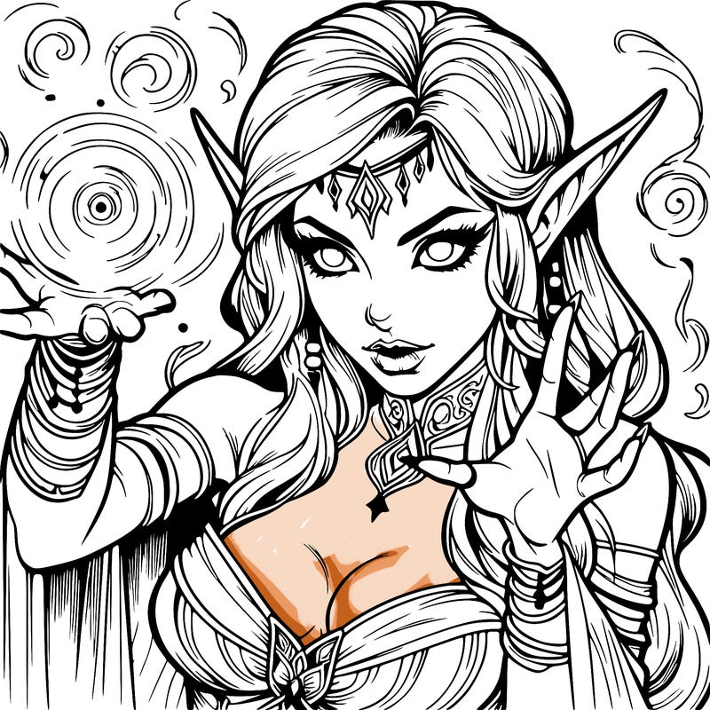 realistic scary beautiful elf sorceress casting spell