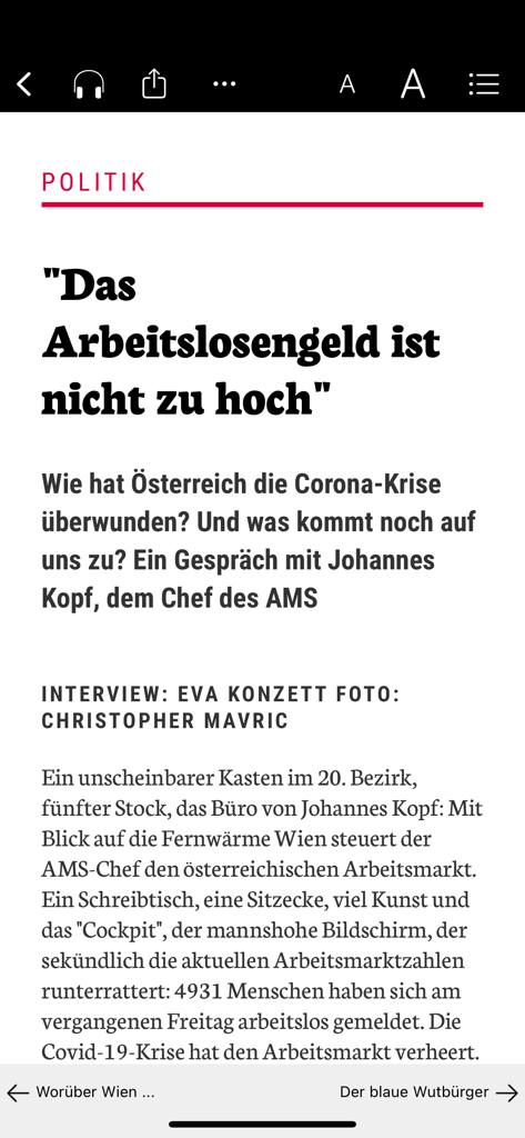 FALTER - Aplicativo FALTER mostrando um artigo político alemão com opções de modo de leitura