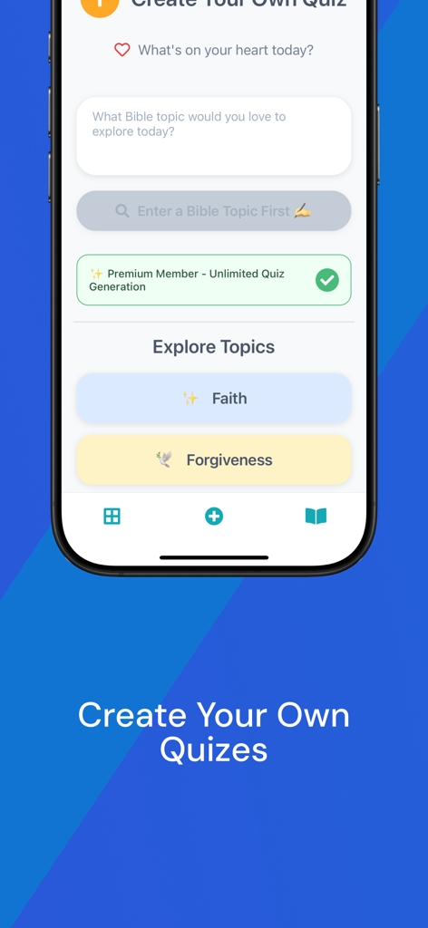 Bible Quiz: Yada - Uma captura de tela móvel do aplicativo Quiz Bíblico Yada mostrando a tela de criação de quiz personalizado com opções de tópicos para Fé e Perdão