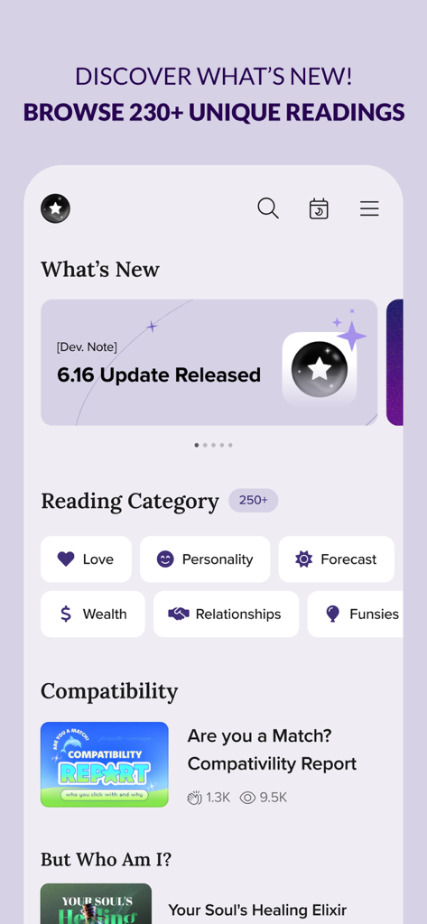 FORCETELLER - Astra Horoscope - Forcetellerアプリのインターフェースで、恋愛や性格などの占星術リーディングカテゴリと相性レポート機能を表示しています。