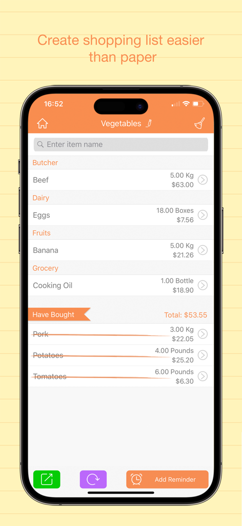 Interface d'application de liste de courses catégorisée affichant les prix et les quantités des articles sur iPhone