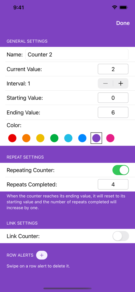 Settings menu in the YarnBuddy app for configuring a row counter including name starting value and repeat settings