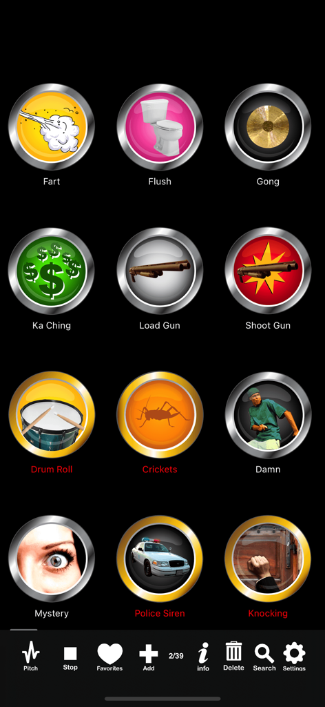 A grid of sound effect buttons including fart, flush, and police siren in the 100s of Buttons and Sounds Lite app.
