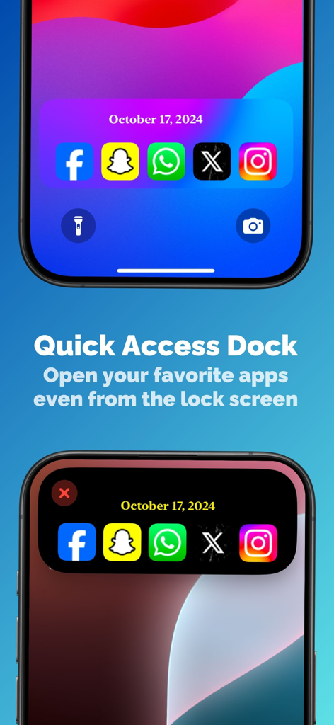 DynamicMe - 아이폰 잠금 화면 및 다이나믹 아일랜드에서 소셜 미디어 앱을 위한 사용자 지정 가능한 빠른 액세스 독을 보여주는 DynamicMe 앱 인터페이스