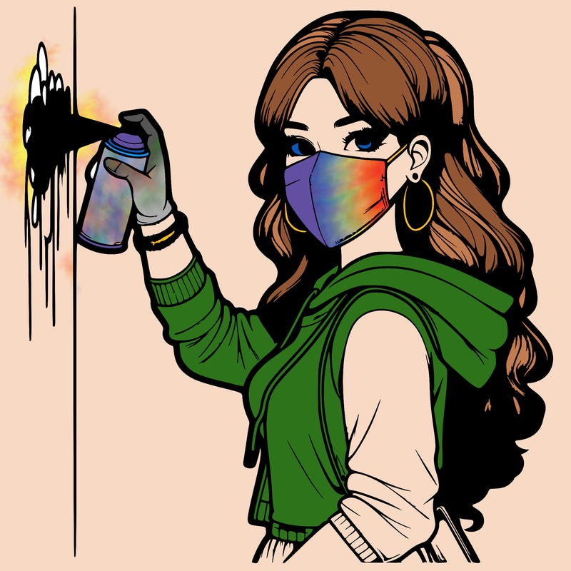 realistic girl with mask spray painting a wall