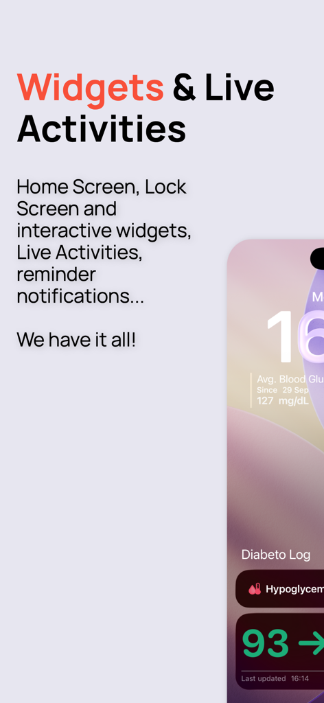 Pantalla de bloqueo de iPhone mostrando widgets interactivos de Diabeto Log y actividades en vivo para el monitoreo de glucosa en sangre