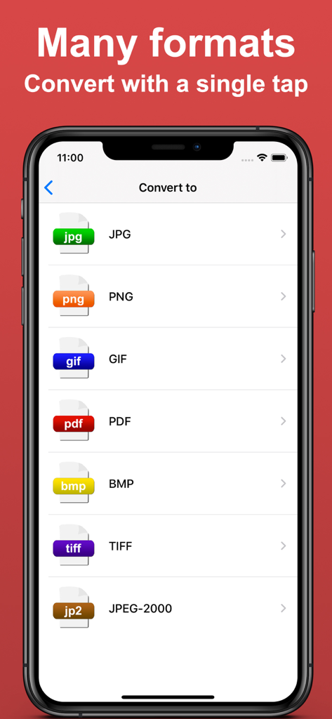 Interface of the Offline Image Converter app showing available conversion formats like JPG PNG GIF and PDF