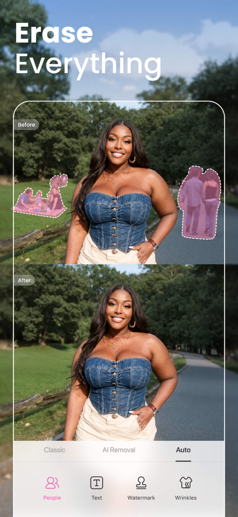 Vorher-Nachher-Vergleich des KI-Objektentfernungstools von BeautyPlus, das Personen aus dem Hintergrund eines Porträts löscht