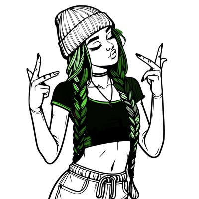 realistic teenage girl with braids and a beanie and crop top doing 🫶🏼