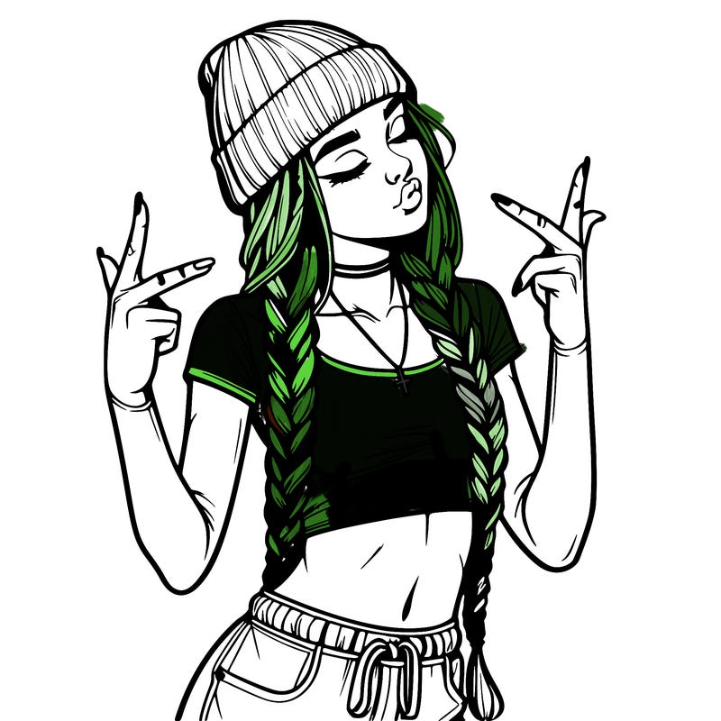 realistic teenage girl with braids and a beanie and crop top doing 🫶🏼
