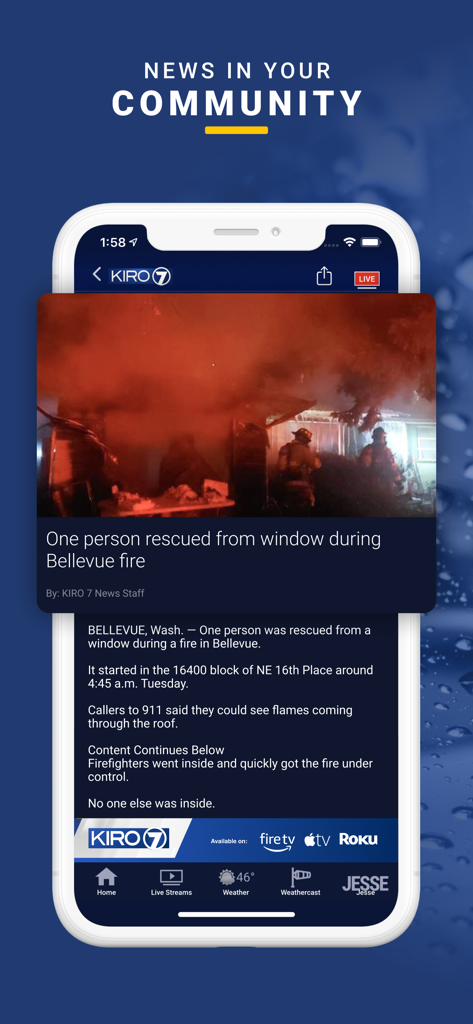 KIRO 7 News App- Seattle Area - KIRO 7 News app interface showing a local news story about a rescue from a fire in Bellevue