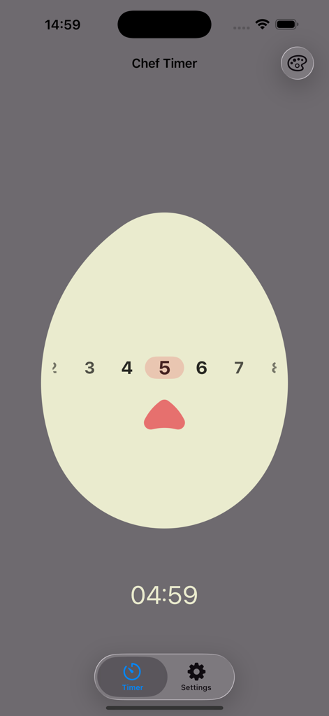 Interfaz de la aplicación Chef Timer con un temporizador de cuenta regresiva minimalista en forma de huevo configurado a cinco minutos
