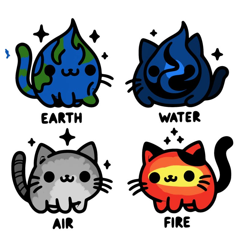 4 cats that represent the different elements, earth, water, air, and fire