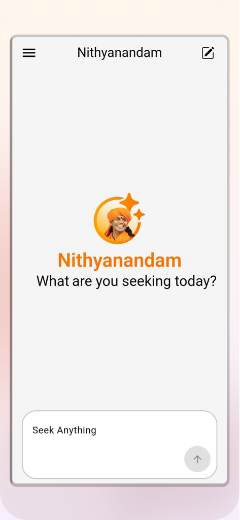 Main chat interface of the Ask Nithyananda AI app where users can seek spiritual guidance.