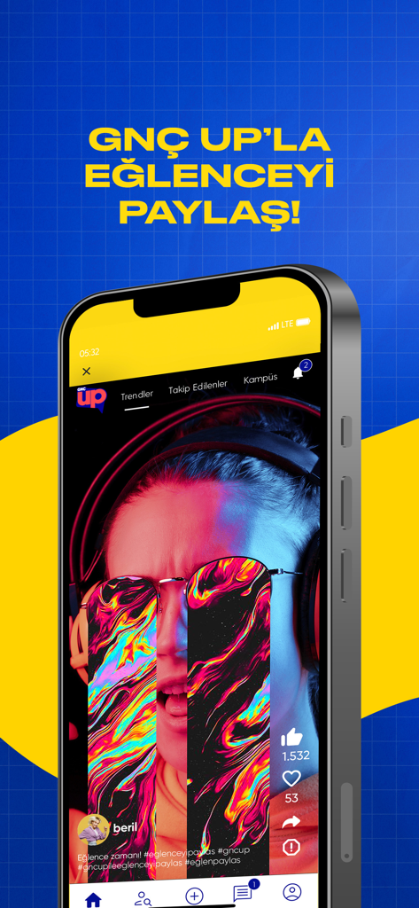 GNÇ UP social media interface with vertical video sharing and engagement icons