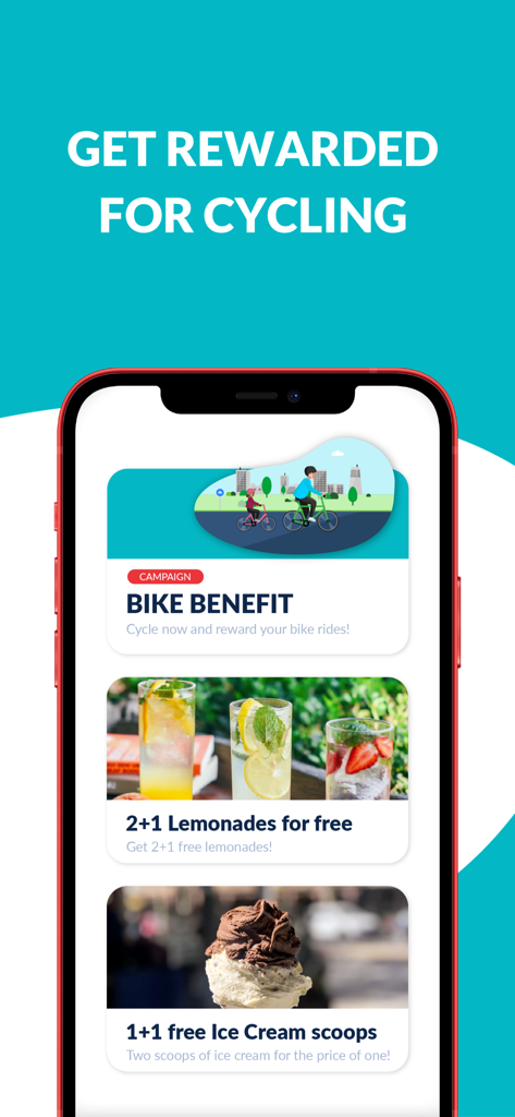 Bike Citizens Cycling App GPS - Bike Citizens app screen showing rewards for cycling campaigns including free lemonades and ice cream