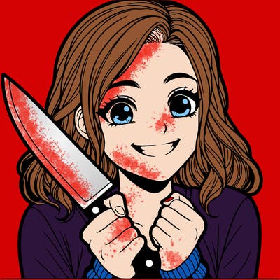 a realistic girl holding a knife and grinning