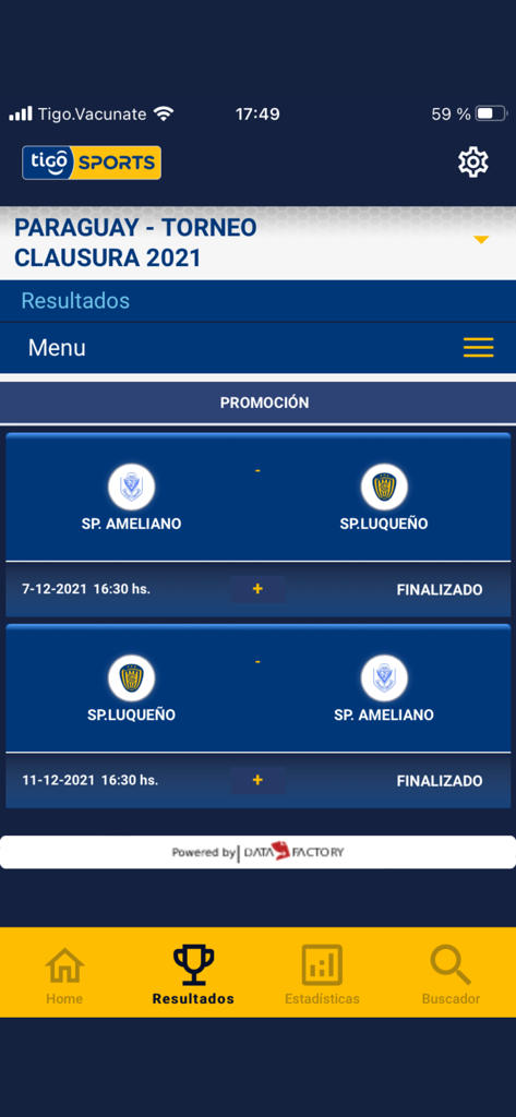 Tela do aplicativo móvel Tigo Sports Paraguay mostrando os resultados das partidas de futebol do Torneo Clausura