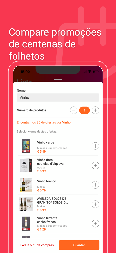 Folhetos Promocionais Portugal - Interface de l'application Folhetos Promocionais Portugal affichant un comparatif de prix de vins dans divers supermarchés