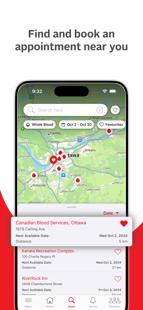 GiveBlood - Map view in the GiveBlood app showing nearby blood donation centers and available appointment dates in Ottawa.
