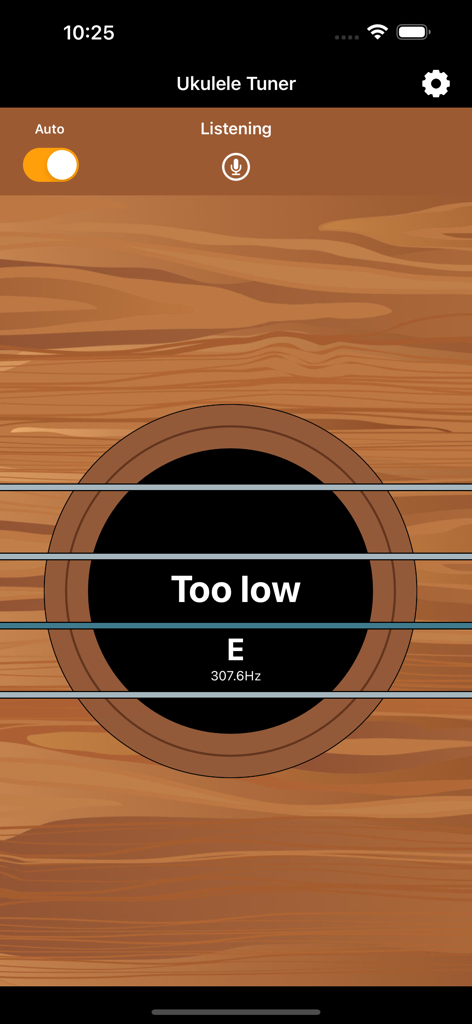 Ukulele String Tuner - Ukulele tuner app screen showing real-time pitch detection for the E string
