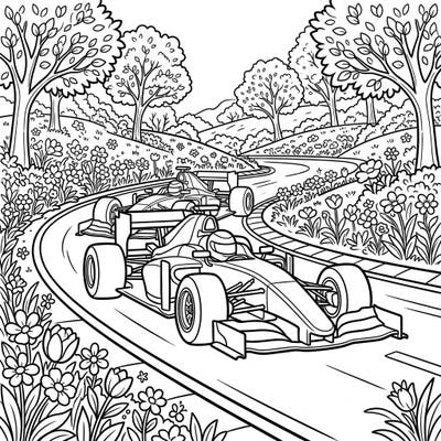 Experience the thrill of a high-speed race amidst the beauty of spring with this dynamic coloring page. Featuring two endurance racers, it's a perfect blend of adrenaline and blooming nature.
