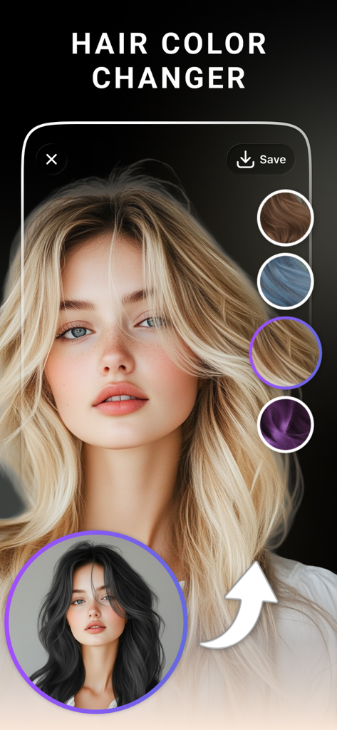 AI Hairstyle + - Una mujer usando la función de cambio de color de cabello IA para previsualizarse con el cabello rubio.