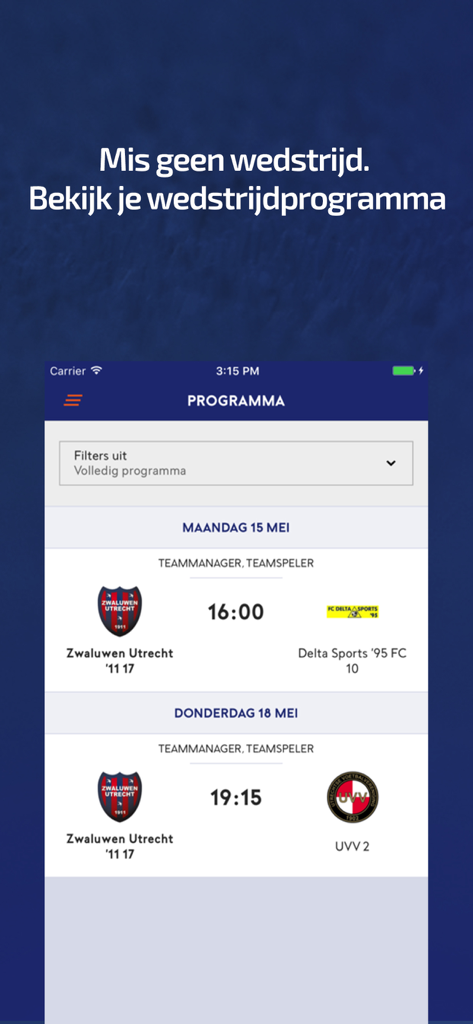 Screenshot of the Wedstrijdzaken app showing a football match schedule with team logos and kickoff times