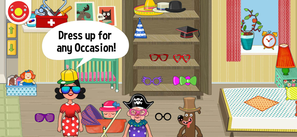 Pepi House characters wearing funny hats and glasses for dress up play