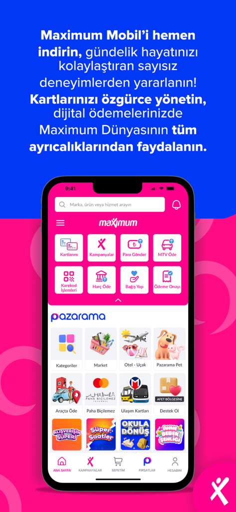 Maximum Mobil - Interface of the Maximum Mobil app showing financial management tools and the Pazarama marketplace integration.