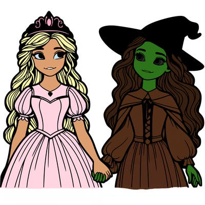 a princess and a witch holding hands realistic