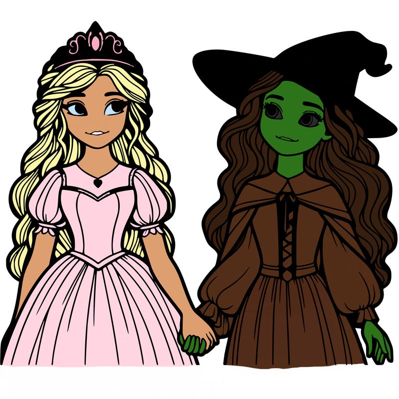 a princess and a witch holding hands realistic