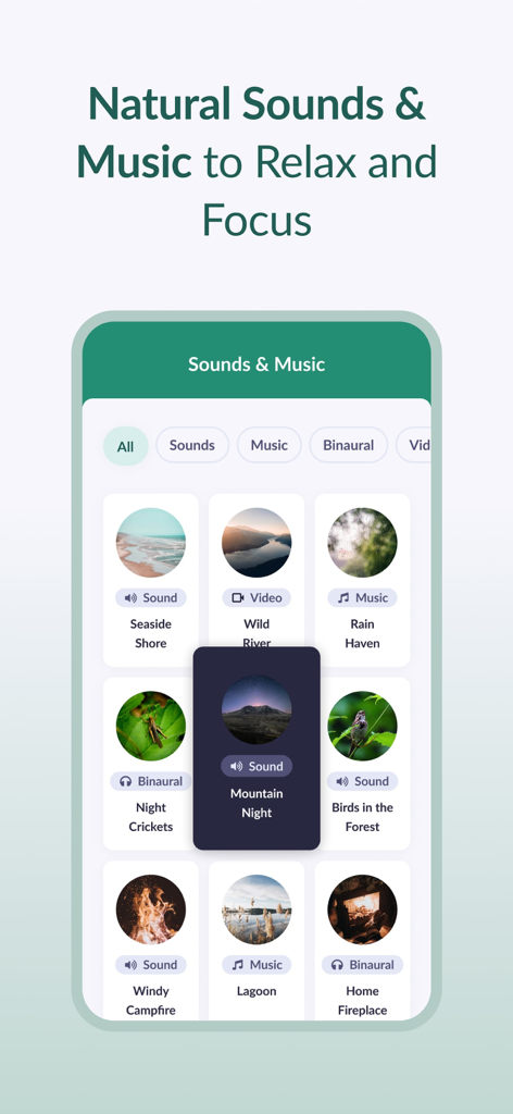 Pura Mente: Sleep & Meditation - Pura Mente App-Oberfläche mit einer Galerie von Naturgeräuschen und entspannender Musik für Konzentration und Schlaf.