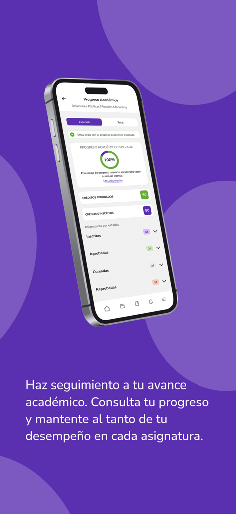 Vivo Duoc UC - Smartphone screen showing academic progress dashboard with course completion status and credit totals in the Vivo Duoc UC app
