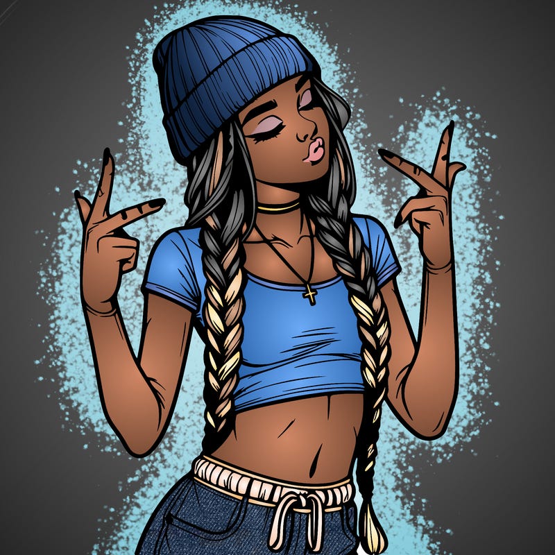 realistic teenage girl with braids and a beanie and crop top doing 🫶🏼