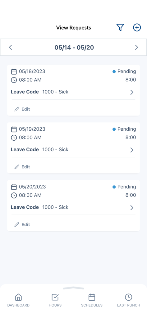 Interface do aplicativo TimeClock Plus mostrando uma lista de solicitações de licença médica pendentes com datas e horários