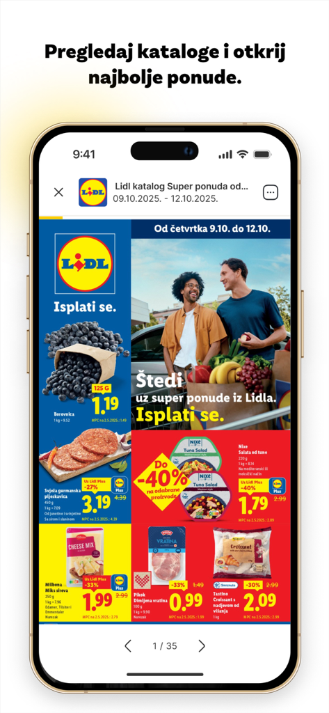 Pantalla de aplicación móvil mostrando un catálogo digital de Lidl con descuentos de supermercado