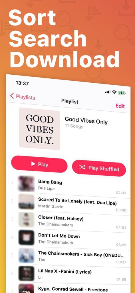 Melodista Music Offline Player app screenshot showing a playlist titled Good Vibes Only with a list of songs and play buttons