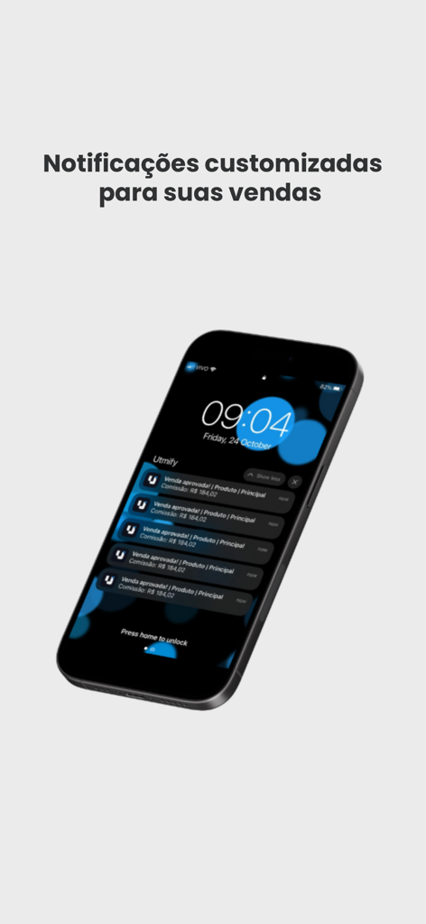 iPhone lock screen displaying real-time sales and commission notifications from the Utmify app