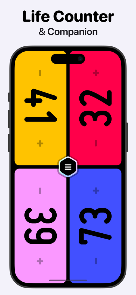 Magic The Gathering の 4 人用ライフカウンター画面。黄色、赤、ピンク、青のセクションがあります