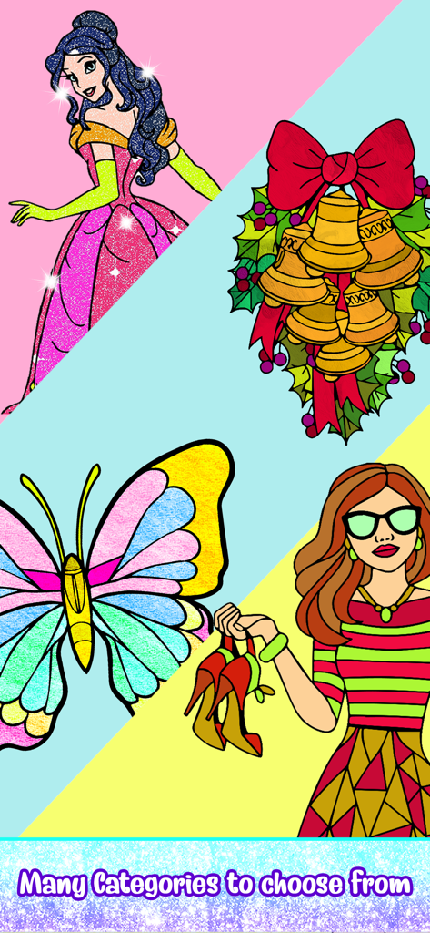 Un collage que muestra varias categorías para colorear como una princesa, una mariposa y ilustraciones de moda en la aplicación.