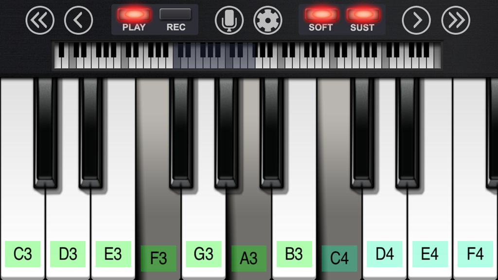 Pianist - Pianist app interface displaying piano keys with note labels and recording buttons