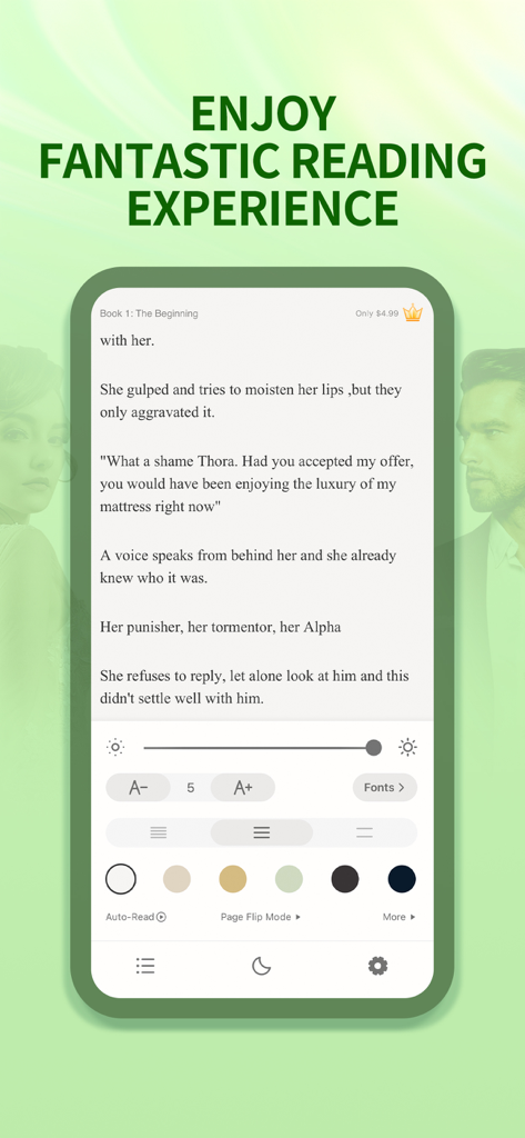 NovelWorld - Unlimited Novels - NovelWorld mobile app interface showing a reading screen with customizable text settings and background colors