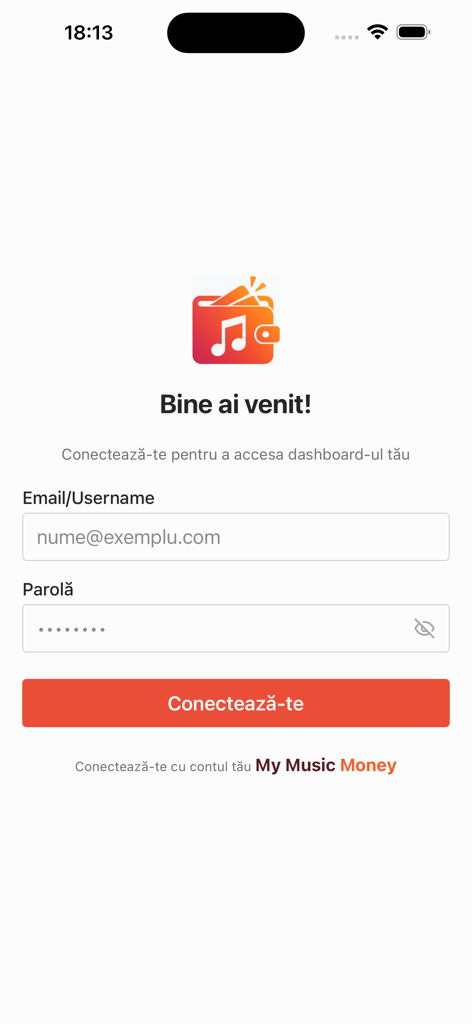 My Music Money - Pantalla de inicio de sesión de la aplicación My Music Money mostrando los campos de entrada de correo electrónico y contraseña.