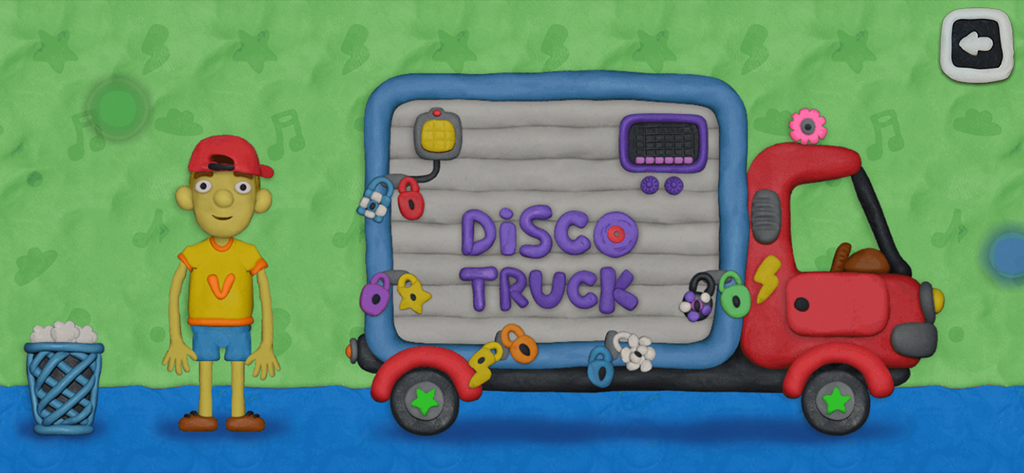 Personaje de plastilina de pie junto a un colorido camión disco con múltiples cerraduras en Vlad y Niki 12 Cerraduras 2