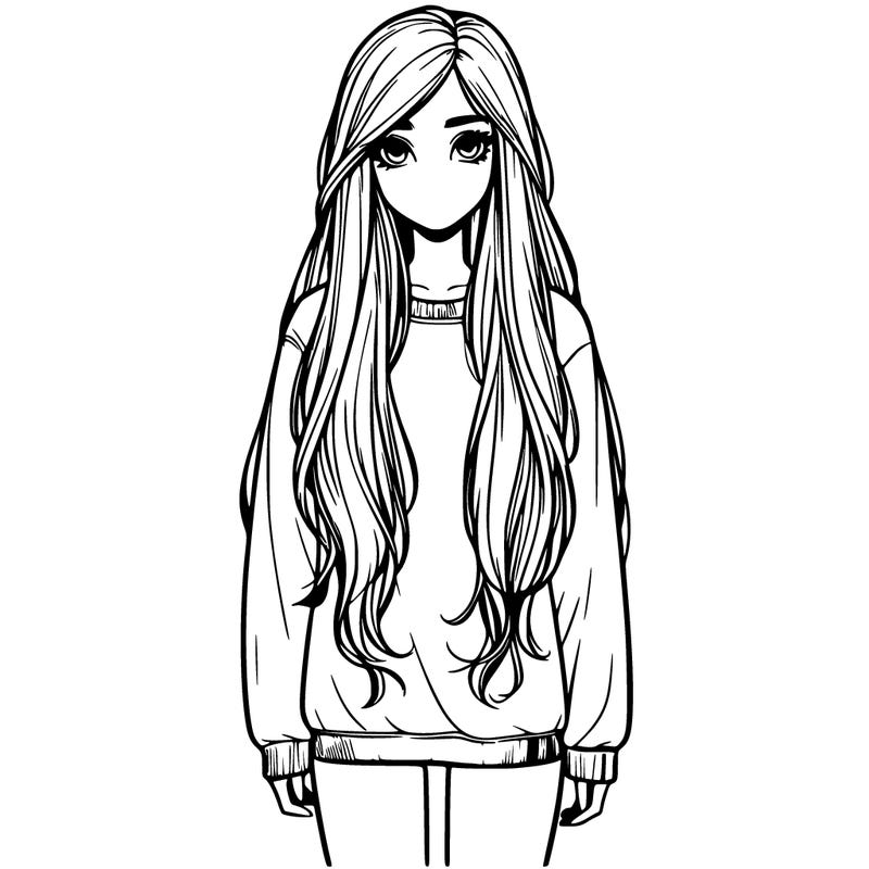 tall realistic girl with long hair and a sweatshirt