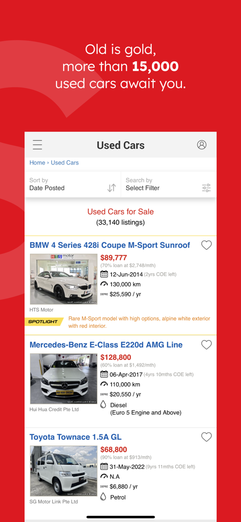 Sgcarmart - Sgcarmart app showing used car listings with prices and details for BMW and Mercedes-Benz models.